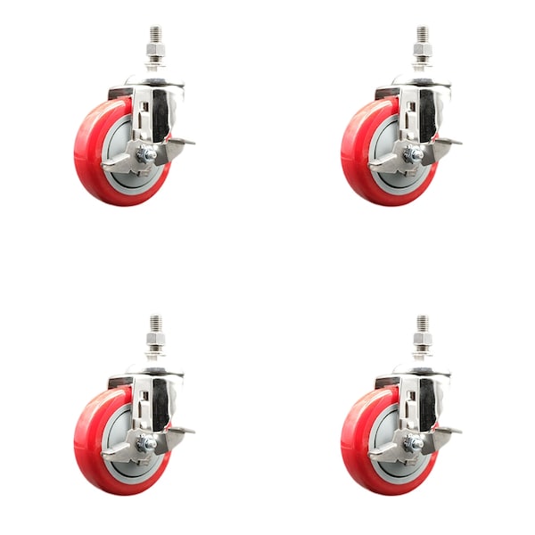 Service Caster 4 Inch 316SS Red Polyurethane Swivel 1/2 Inch Threaded Stem Caster Set Brake SCC SS316TS20S414-PPUB-RED-TLB-121315-4 - main